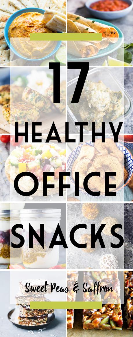 These healthy office snacks will keep you going in the afternoon while keeping things light.  Tons of easy portable recipe ideas, and perfect for prepping on meal prep Sunday!