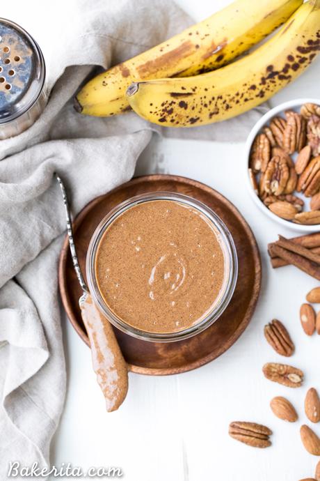 Banana Bread Pecan Almond Butter (Vegan, Paleo + Whole30) You'll want to spread this Banana Bread Pecan Almond Butter on everything! This creamy nut butter, made from pecans and almonds, tastes like a spreadable version of banana bread, loaded with cinnamon, nutmeg, and dried banana bits. There's no sugar added in this vegan, Paleo, + Whole30-approved treat.