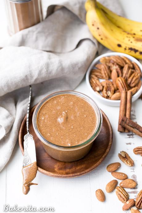 Banana Bread Pecan Almond Butter (Vegan, Paleo + Whole30) You'll want to spread this Banana Bread Pecan Almond Butter on everything! This creamy nut butter, made from pecans and almonds, tastes like a spreadable version of banana bread, loaded with cinnamon, nutmeg, and dried banana bits. There's no sugar added in this vegan, Paleo, + Whole30-approved treat.