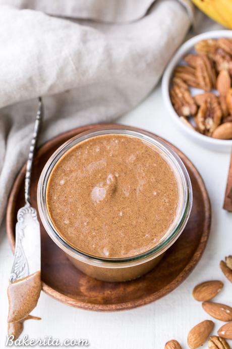 Banana Bread Pecan Almond Butter (Vegan, Paleo + Whole30) You'll want to spread this Banana Bread Pecan Almond Butter on everything! This creamy nut butter, made from pecans and almonds, tastes like a spreadable version of banana bread, loaded with cinnamon, nutmeg, and dried banana bits. There's no sugar added in this vegan, Paleo, + Whole30-approved treat.