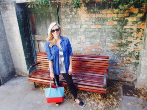 Tights-Chambray-Shirt-Striped-Tee-Tote Active Truth Ultimate Full Length Tights in black | Witchery striped tee, denim shirt and espadrilles | Seed Heritage necklace | Bag Trader neoprene tote | Ray-Ban Wayfarers