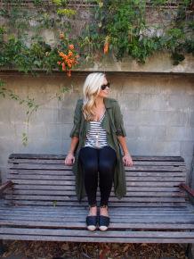 Active-Truth-Tights-Striped-Tee-Duster Active Truth Ultimate Full Length Tights in black | Witchery Utility Duster (not current), Stripe Linen Tee and Gigi Espadrilles | Seed Heritage necklace | Ray-Ban Wayfarers