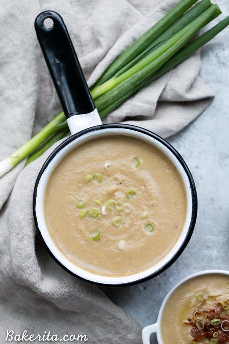 Cauliflower Leek Soup (Paleo & Whole30 with Vegan Option) This Cauliflower Leek Soup tastes just like potato leek soup - it's incredibly flavorful and super creamy without ANY dairy needed! Made in just 30 minutes, this Paleo + Whole30-approved soup will definitely warm you up and satisfy - it's also easily made vegan.