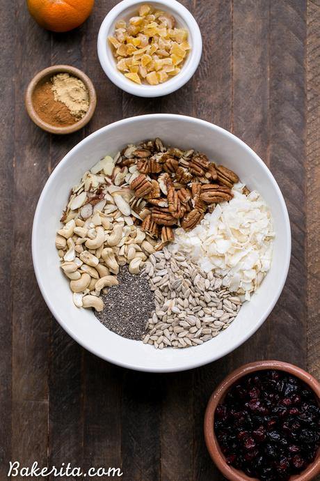 Orange Ginger Grain-Free Granola (Gluten-Free, Paleo + Vegan) Orange Ginger Grain-Free Granola is crunchy, flavorful, and incredibly delicious - you definitely won't miss the oats! This gluten-free, Paleo and vegan granola makes the perfect breakfast or snack.