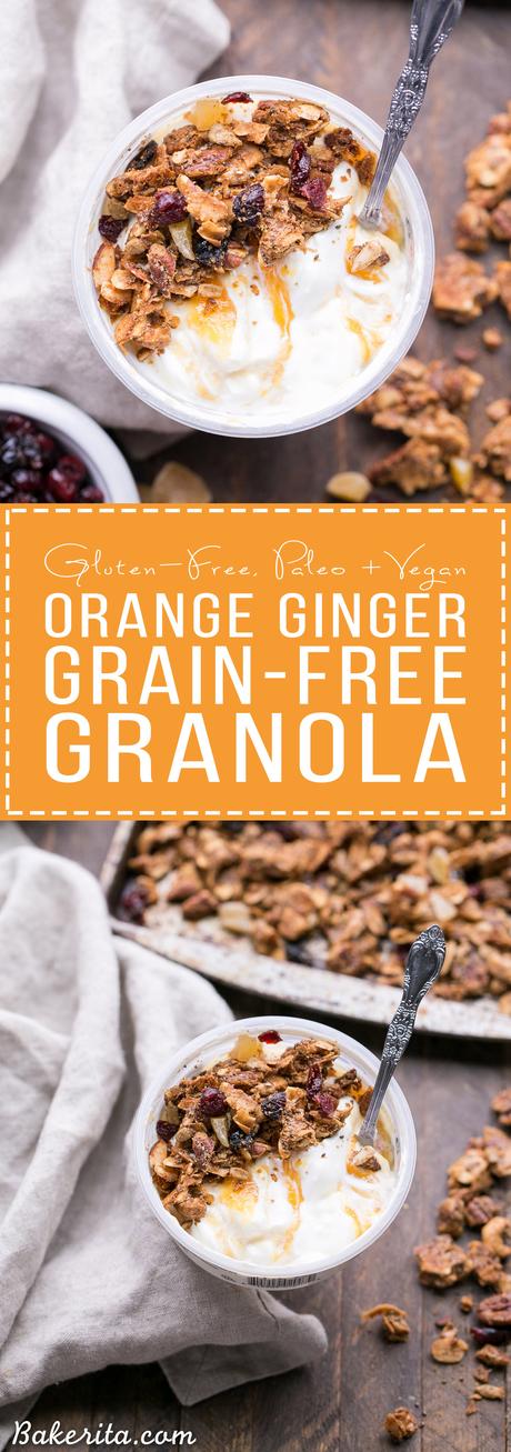 Orange Ginger Grain-Free Granola (Gluten-Free, Paleo + Vegan) Orange Ginger Grain-Free Granola is crunchy, flavorful, and incredibly delicious - you definitely won't miss the oats! This gluten-free, Paleo and vegan granola makes the perfect breakfast or snack.