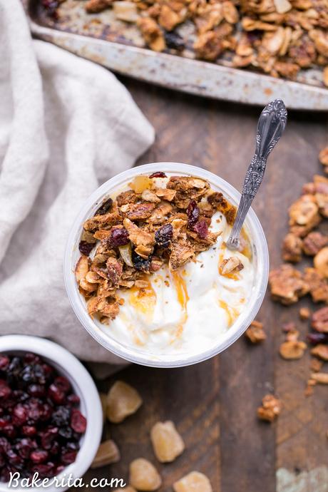 Orange Ginger Grain-Free Granola (Gluten-Free, Paleo + Vegan) Orange Ginger Grain-Free Granola is crunchy, flavorful, and incredibly delicious - you definitely won't miss the oats! This gluten-free, Paleo and vegan granola makes the perfect breakfast or snack.