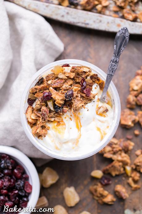 Orange Ginger Grain-Free Granola (Gluten-Free, Paleo + Vegan) Orange Ginger Grain-Free Granola is crunchy, flavorful, and incredibly delicious - you definitely won't miss the oats! This gluten-free, Paleo and vegan granola makes the perfect breakfast or snack.