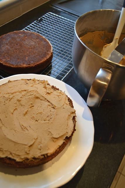 banana bread sandwiched with fudgy frosting and drizzled with caramel