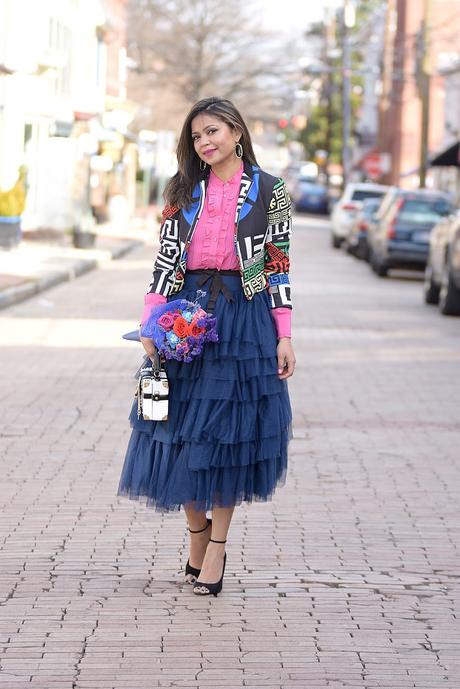 asos tulle skirt, silk blouse, outfit 