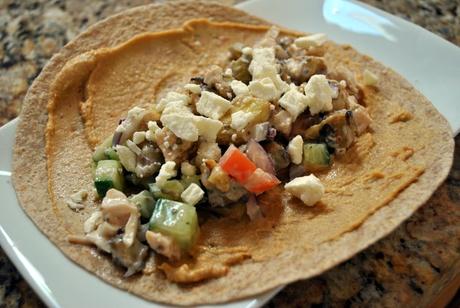 Chicken Wrap Sandwiches with Eggplant, Hummus, and Feta Cheese