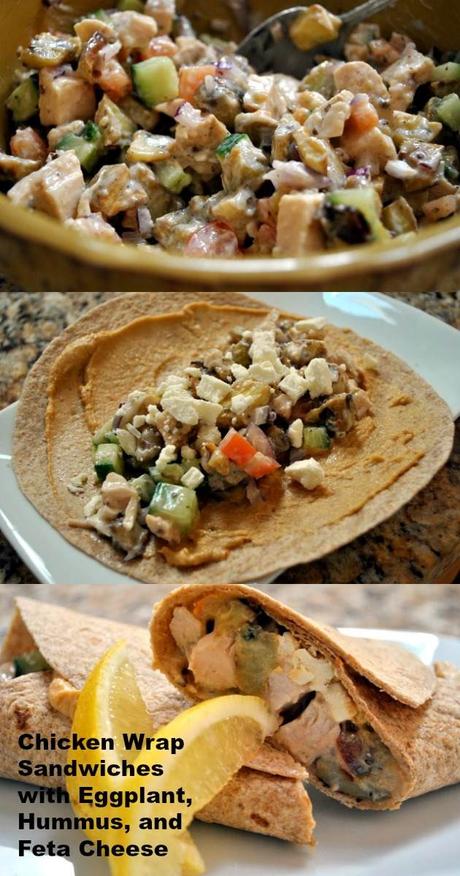 Chicken Wrap Sandwiches with Eggplant, Hummus, and Feta Cheese