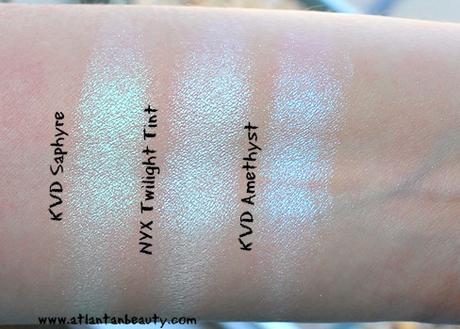 NYX Duo-Chromatic Illuminating Powders in Twilight Tint and Lavender Steel and Comparison to Kat Von D's Alchemist Palette