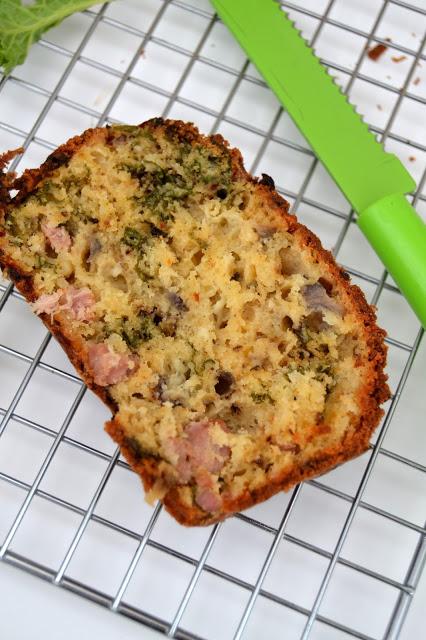 Quick bread made with cheddar cheese, bacon lardons, onions, kale, sriracha sauce baked into a loaf.