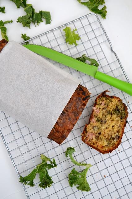 Quick bread made with cheddar cheese, bacon lardons, onions, kale, sriracha sauce baked into a loaf.