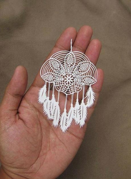 White Feathers Dreamcatcher Papercut - Parth Kothekar Paper Cuttings by Parth Kothekar