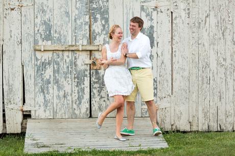 Bride and groom dance in front of shed at Ft. Wayne Indiana Wedding