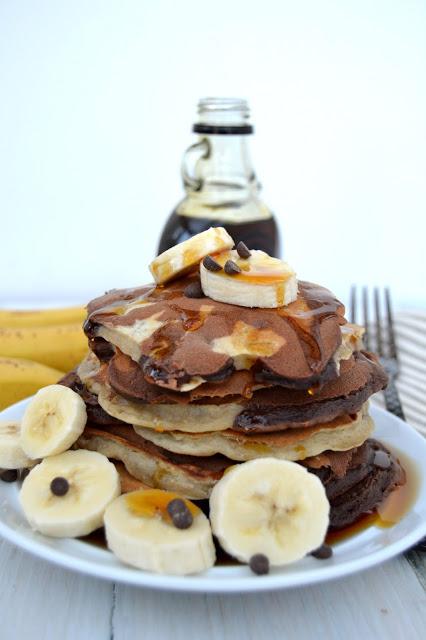 chocolate and banana swirled pancakes chocolate pancake batter and banana pancake batter swirled together