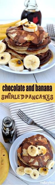 chocolate and banana swirled pancakes chocolate pancake batter and banana pancake batter swirled together