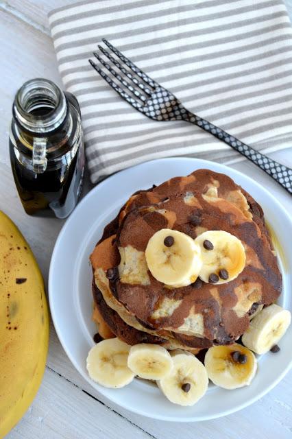 chocolate and banana swirled pancakes chocolate pancake batter and banana pancake batter swirled together