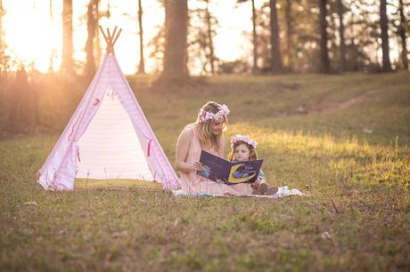 Mommy and me boho shoot with tee pee and flower crowns. That golden hour light is perfection! 