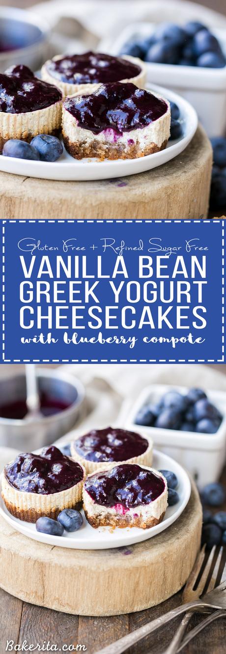Vanilla Bean Greek Yogurt Cheesecakes with Blueberry Compote (Gluten Free + Refined Sugar Free) These Vanilla Bean Greek Yogurt Cheesecakes with Blueberry Compote are lightened up, but they're just as creamy and flavorful as traditional full-fat cheesecake. The easy blueberry compote takes this gluten free and refined sugar free dessert over the top!
