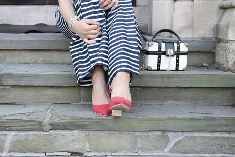 stripe on stripe- j crew stripe sailor pants - red one shoulder top- red heels with cork soles- loft one shoulder top- tassel earrings- statement earrings- stripe top - outfit of the day- spring fashion- ootd- street style- date night- easter outfit 