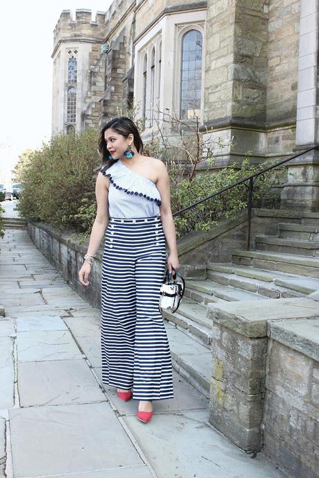 stripe on stripe- j crew stripe sailor pants - red one shoulder top- red heels with cork soles- loft one shoulder top- tassel earrings- statement earrings- stripe top - outfit of the day- spring fashion- ootd- street style- date night- easter outfit 