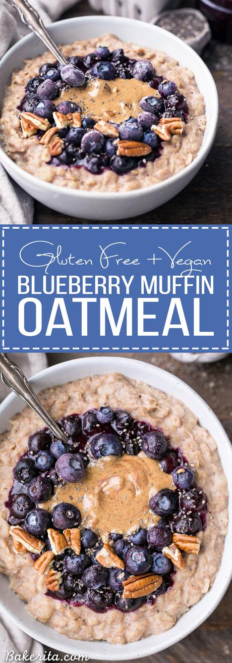 Blueberry Muffin Oatmeal (Gluten Free + Vegan) This simple Blueberry Muffin Oatmeal is sweetened with a banana, spiced with cinnamon and topped with an easy blueberry compote! Top with all your favorite toppings for a delicious, healthy + filling breakfast that is far from boring.