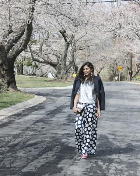 how to wear daytime sequin, cherry blossom, polka dot wide leg pants, daytime chic, outfit of the day, ootd, street style, chic, fashion, fashion blogger, white and blue , pink lipstick, j crew sequin blouse, spring outfit 