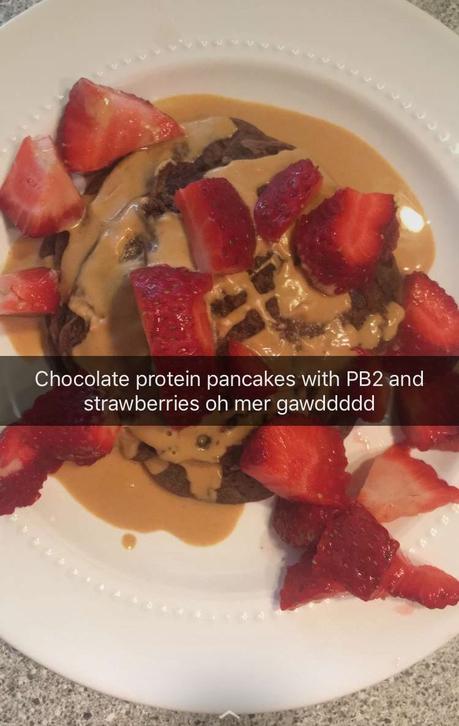 Dark chocolate protein pancakes with PB2 and strawberries
