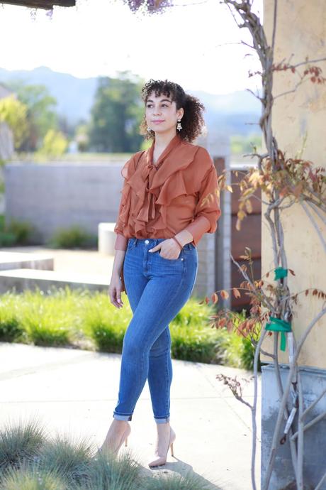 On Trend Ruffle Blouse with High-Rise Jeans