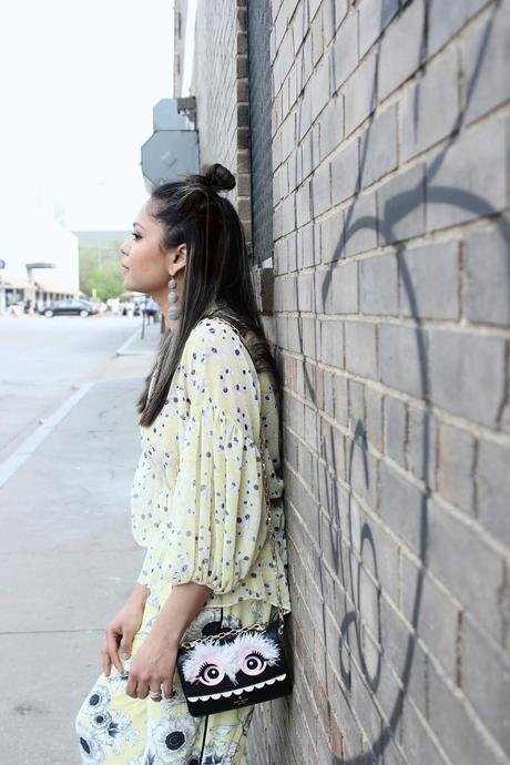 how to wear floral print with floral, yellow wide leg pants outfit, yellow peplum top outfit, look, ootd, street style, zara pants, hushpuppuppies shoes, mules, neutral, spring , saumya , myriad musings 