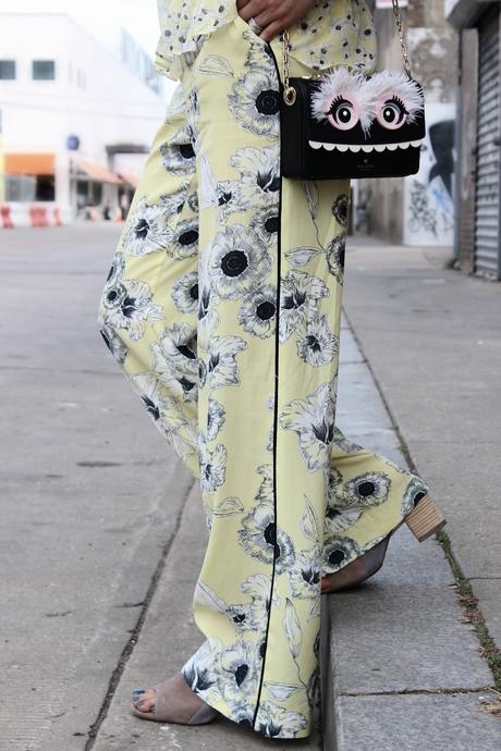 how to wear floral print with floral, yellow wide leg pants outfit, yellow peplum top outfit, look, ootd, street style, zara pants, hushpuppuppies shoes, mules, neutral, spring , saumya , myriad musings 