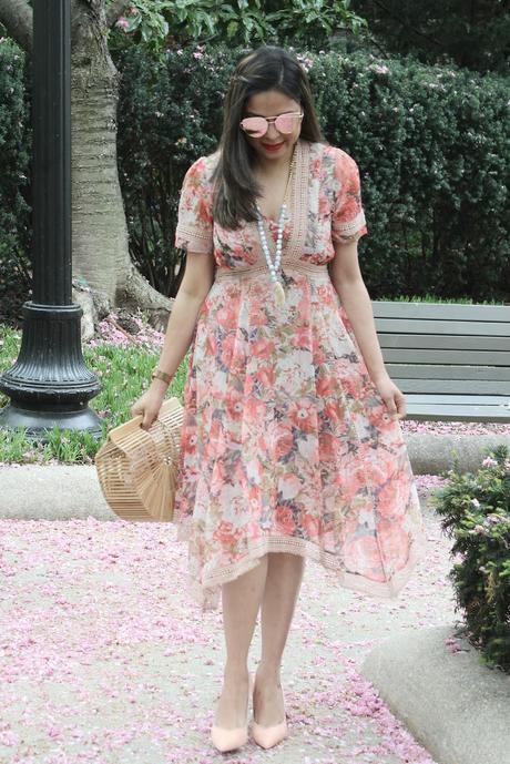 wearing a floral handkerchief hem, anthropologie dress, street style, floral, spring style.fashion blogger, myriad musings, ootd, saumya, outfit, orange dress, orange pumps 