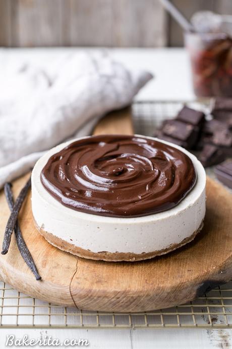 No-Bake Vanilla Bean Cheesecake with Chocolate Ganache (Gluten Free, Paleo + Vegan) This No-Bake Vanilla Bean Cheesecake with Chocolate Ganache is a gluten-free, Paleo and vegan cheesecake made with a walnut crust, a creamy cashew cheesecake filling, topped with a luscious chocolate ganache. This healthier cheesecake alternative will satisfy your cheesecake cravings!