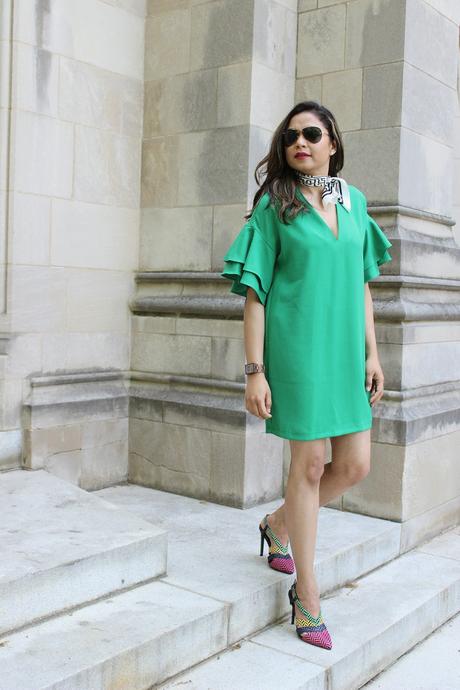 Zara green dress with ruffles, spring outfit, fashion, ootd, outfit, street style, square scarf, printed heels, saumya , MM