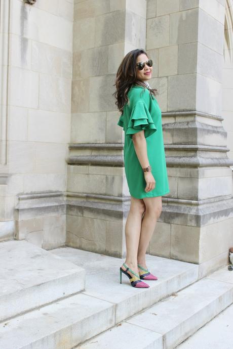 Zara green dress with ruffles, spring outfit, fashion, ootd, outfit, street style, square scarf, printed heels, saumya , MM