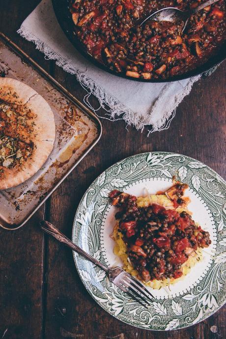 Vegetarian Polenta “Bolognese” with Garlic Flatbreads + Leftovers Mezze