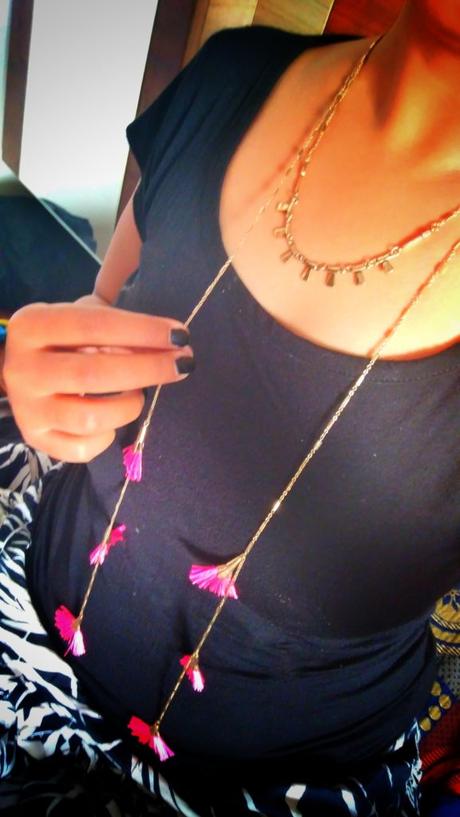 Wearing Pink Tassel Necklace