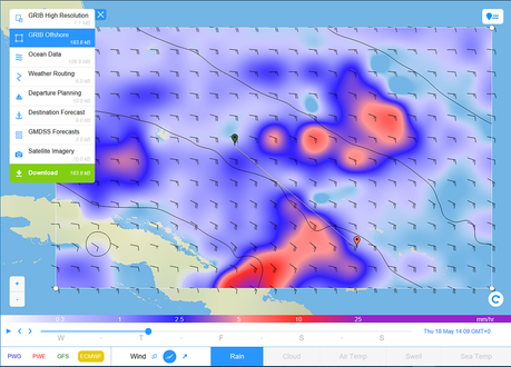 Offshore Communications: Satellite or SSB? European model rain wind forecast