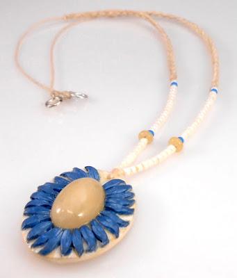 Cornflower Blue Polymer Flower with Yellow Calcite Cab Be... Cornflower Blue Polymer Flower with Yellow Calcite Cab Be...