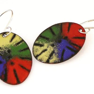 Copper Oval Red Green Blue Yellow Enameled Earrings Coppe... Copper Oval Red Green Blue Yellow Enameled Earrings Coppe...