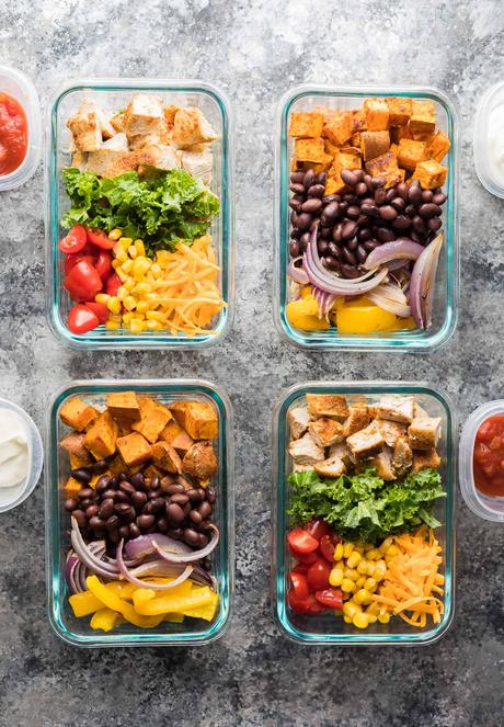 These mix & match meal prep burrito bowls will help you make four delicious lunches using what you have on hand in your pantry and fridge.