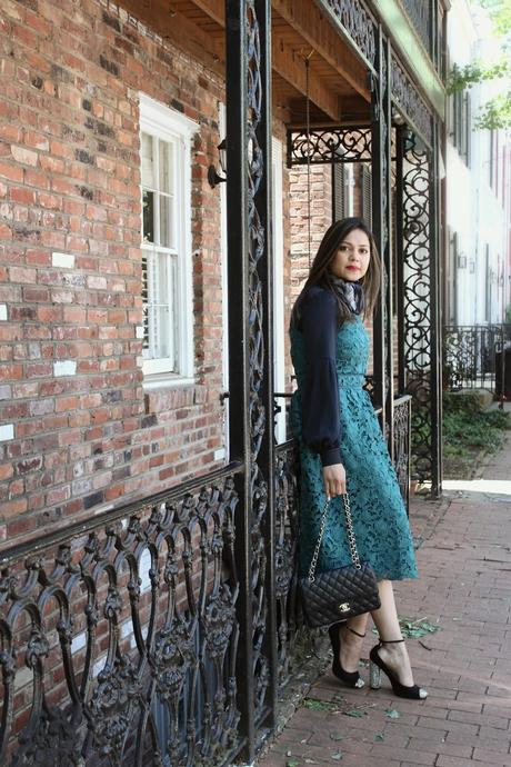 layering for sprinf, teal lace dress, loft lace dress, chanel vintage classic bag, sequin heel sandal, summer fashion, street style, blogger, saumya , myriad musings 
