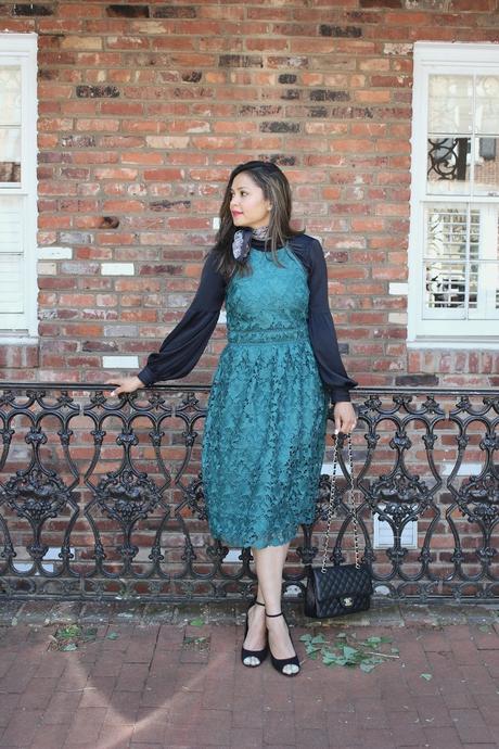 layering for sprinf, teal lace dress, loft lace dress, chanel vintage classic bag, sequin heel sandal, summer fashion, street style, blogger, saumya , myriad musings 