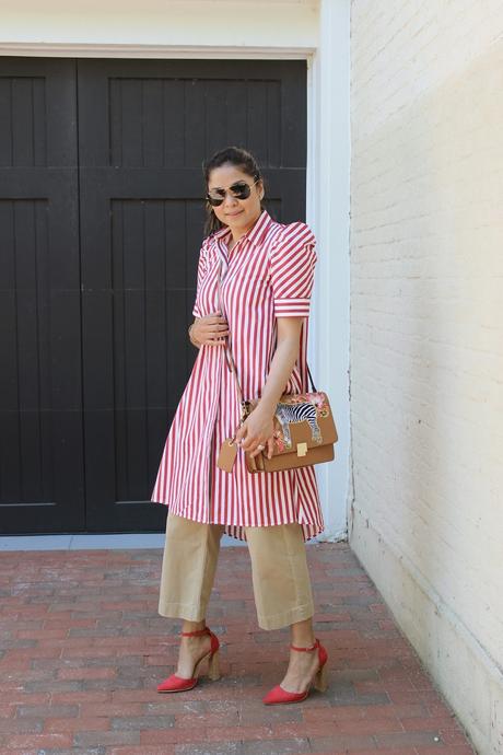 earn your stripes, how to wear dress over jeans, street style, fashion , ootd, wide leg culottes, red white and tan, saumya shiohare 