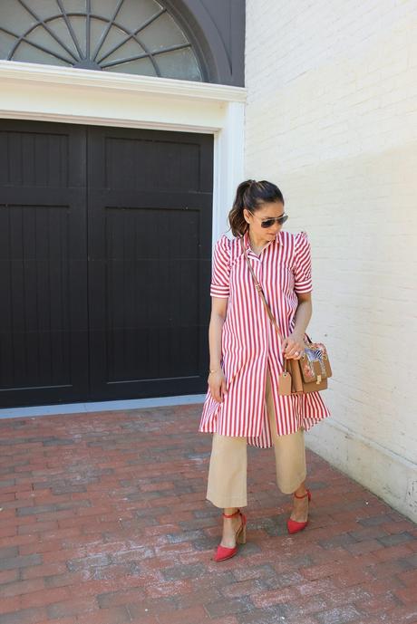 earn your stripes, how to wear dress over jeans, street style, fashion , ootd, wide leg culottes, red white and tan, saumya shiohare 