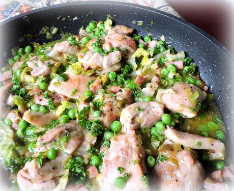 Skillet Chicken with Peas, Leeks and Bacon