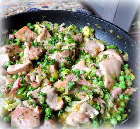 Skillet Chicken with Peas, Leeks and Bacon