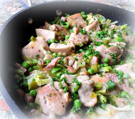 Skillet Chicken with Peas, Leeks and Bacon